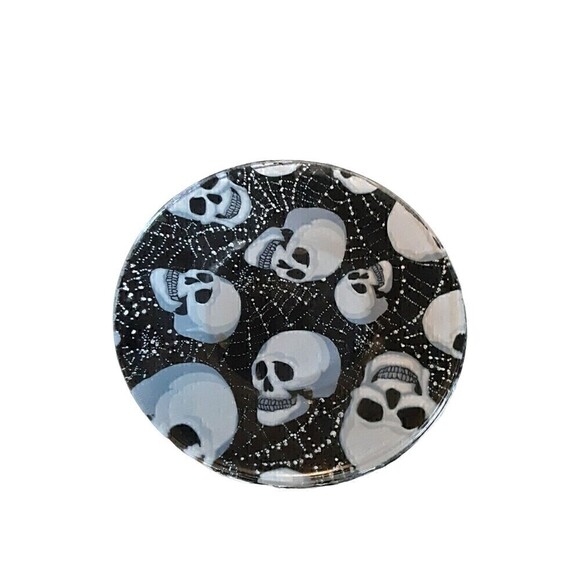 Halloween Skulls Spiderwebs Decorative Glass Plate w/sparkle SPOOKY HAND CRAFTED - Picture 1 of 2